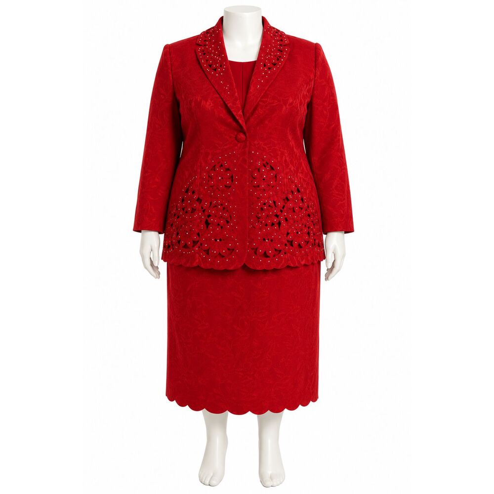 Vintage Stella Louise for KB Red Rhinestone Skirt Suit Plus 22W 3539